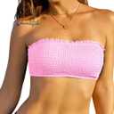 ZAFUL Women Strapless Bandeau Bikini Top Ruffle Lace up Swimsuit Solid Color Bathing Suits Tube Top Only (Pink, S)