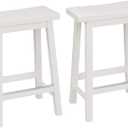 Amazon Basics Solid Wood Saddle-Seat Counter Height Bar Stools for Kitchen Island with Footrest, Sturdy Construction, 24-Inch Height, White, Set of 2