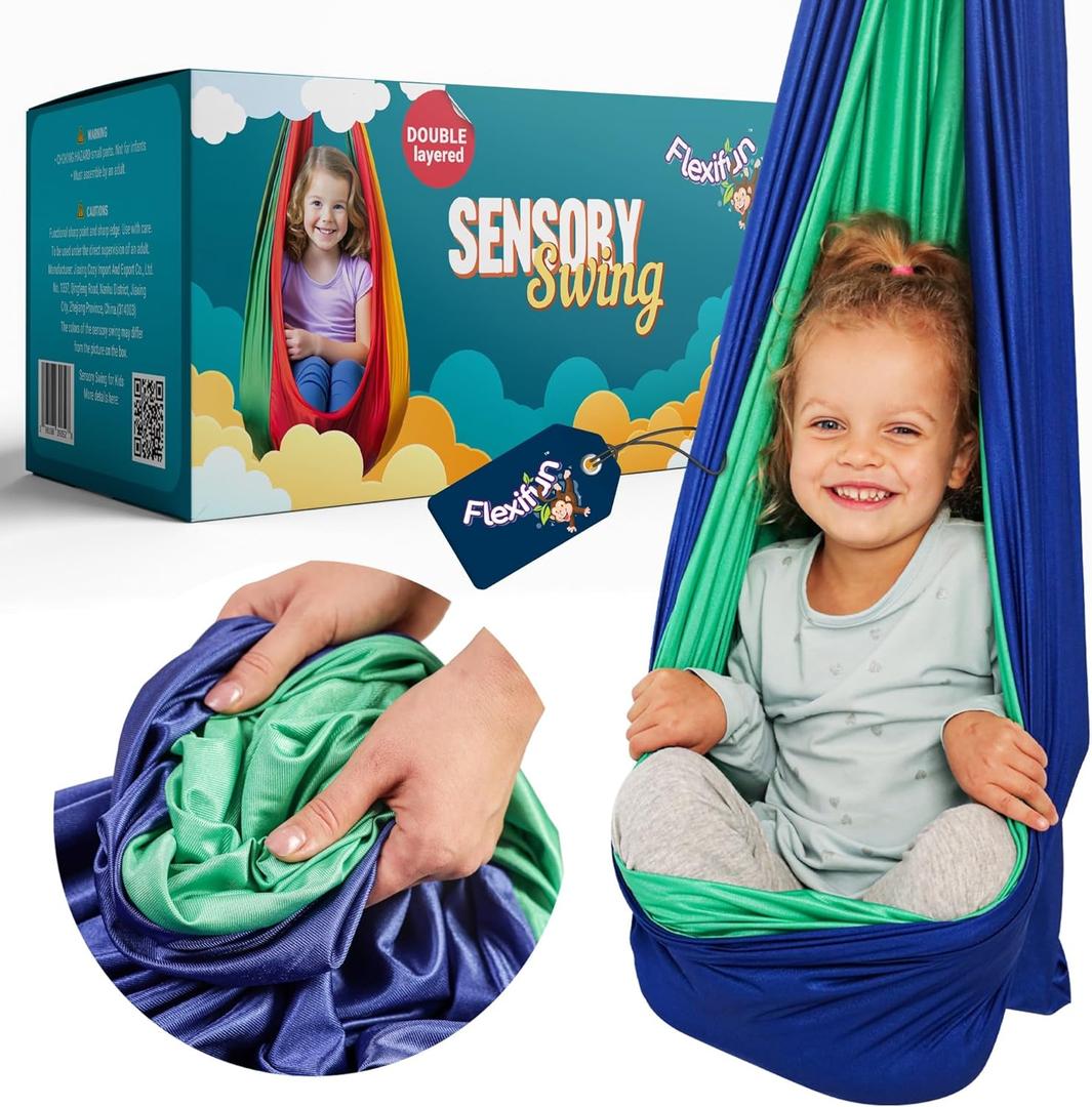 Sensory Swing for Kids Navy/Green | Indoor Swing for Kids Made with Soft & Durable Polyester | Includes Carabiner & Screws for Easy Installation | Suitable for Sensory Activities