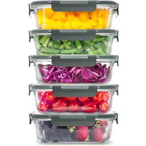 Zulay Kitchen 5 Pack Glass Meal Prep Containers with Lids - Airtight, Premium Borosilicate Glass Food Storage Containers - Microwave, Freezer & Oven Safe, BPA Free - Gray