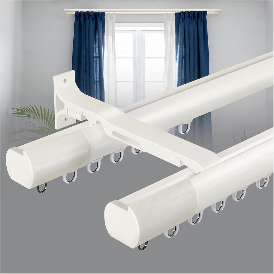 Double Curtain Rod Set for Windows, Heavy Duty Dual Track System with Aluminum Brackets, Decorative White Curtain Rail for Room Divider, Bedroom & Living Room Drapes (White, 86")