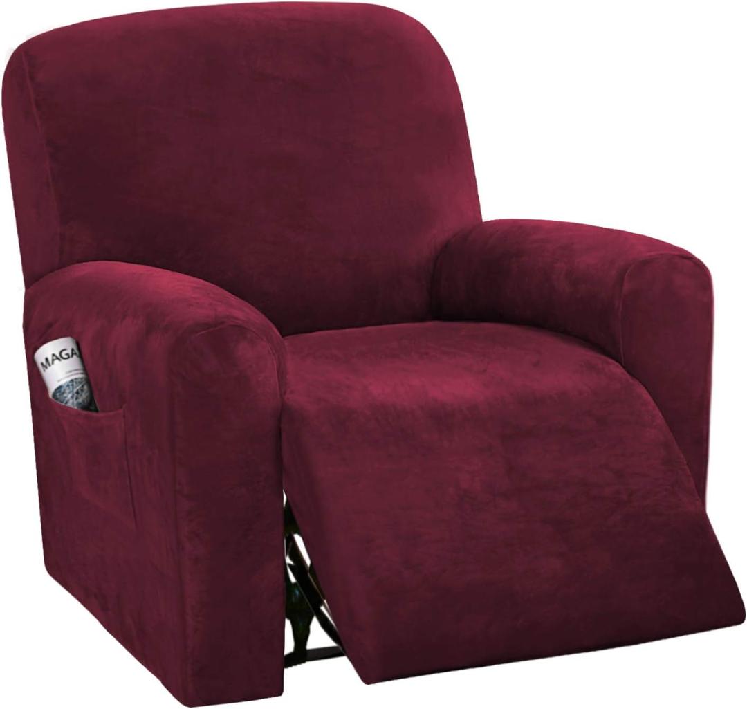 H.VERSAILTEX Velvet Stretch Recliner Couch Covers 4-Pieces Style Recliner Chair Covers Recliner Cover for Reclining Chair Slipcovers Feature Non Slip Form Fitted Thick Soft Washable, Burgundy