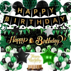 Green Black Birthday Decorations, Happy Birthday Banner, Backdrop, Balloons, Honeycomb Balls, Star Foil Balloons, Stars Hanging Swirls & Cake Topper for Baby Boys Girl Men Women Birthday Decoration