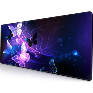 SANWUMIAN Gaming Mouse Pad, Large Mouse Pads for Women, Non-Slip Rubber Base Mousepad, Keyboard Mouse Mat, Desk Pad with Stitched Edges, 31.5x11.8inch, Purple Butterfly