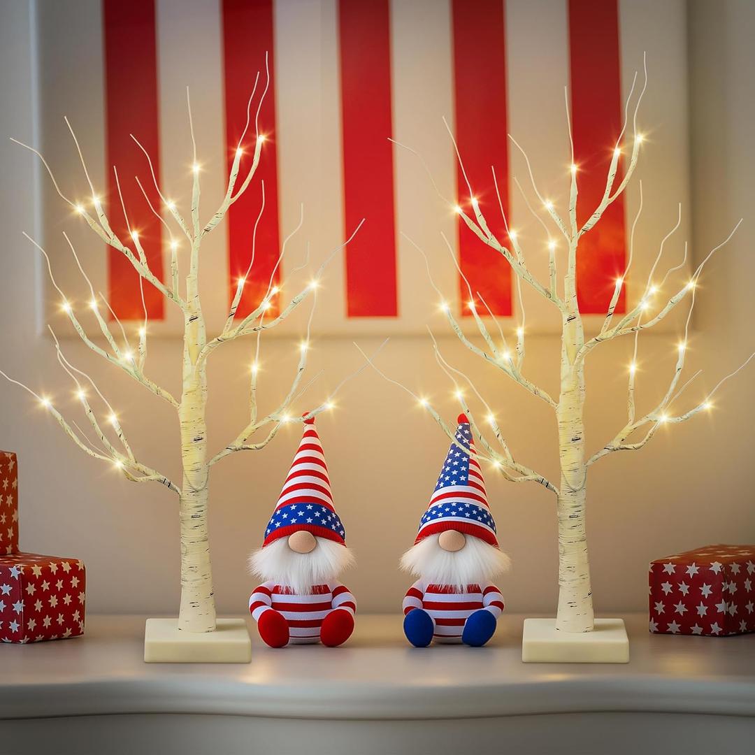 Fourth of July Decorations Indoor,2 Pack 2 FT Birch Tree with 24 Led Lights,Patriotic Tree Decorations for Home,Centerpiece Table Decor for 4th of July,Christmas,Fireplace,Wedding,Mantle (White)