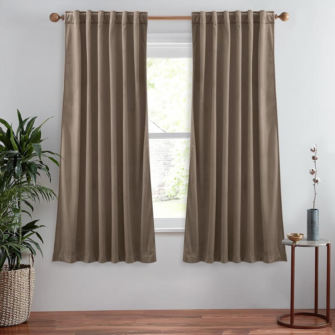 StangH 63 inches Taupe Velvet Curtains- Room Darkening Solid Drapes Thermal Insulating for Kitchen, Privacy Protect Bedroom Curtains Elegant Home Decor for Study/Laundry, W52 x L63, 2 Panels (Beige Series - Taupe)