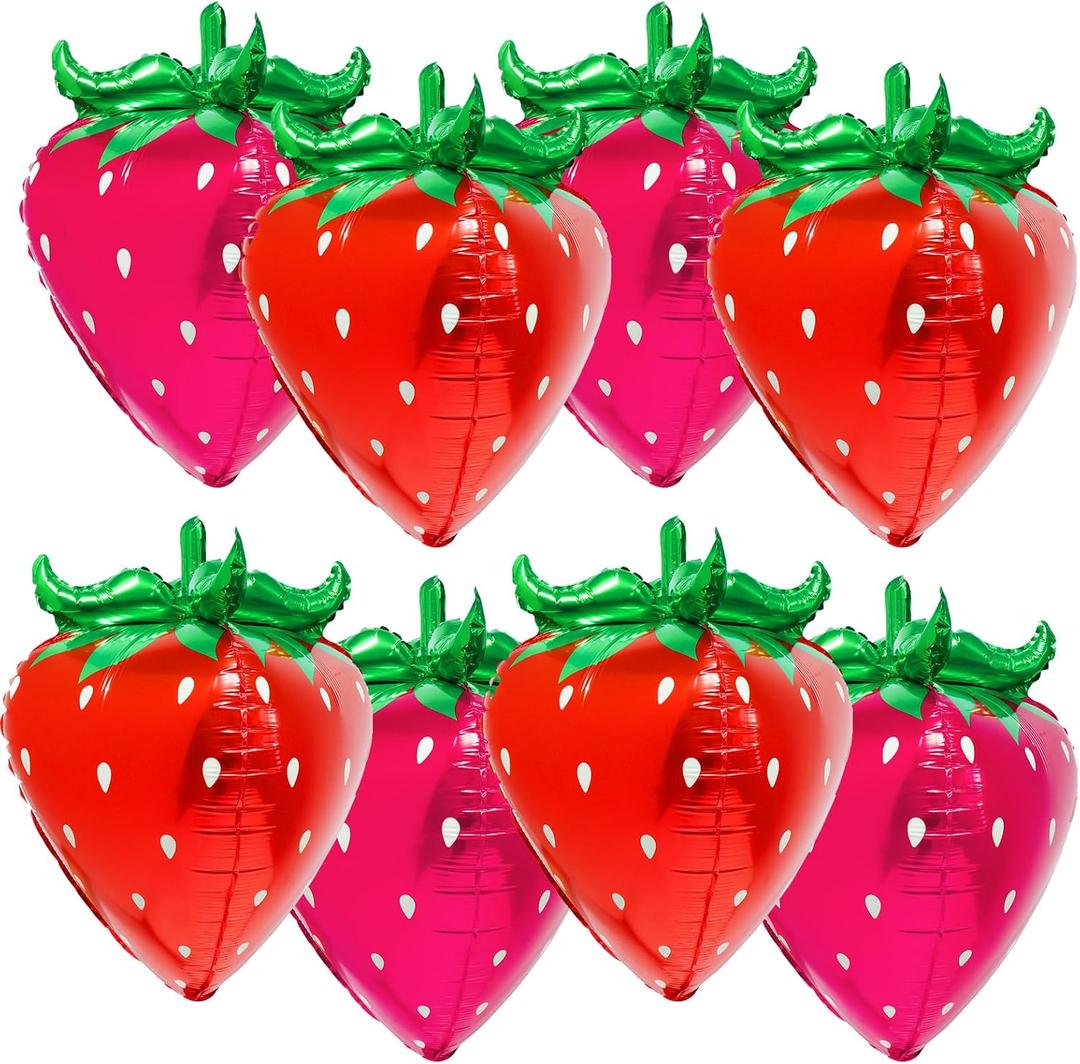 8 Pcs 4D Strawberry Balloons Foil Fruit Mylar Balloons for Baby Showers Berry First Birthday Gender Reveal Party Decoration Picnics Indoor Outdoor