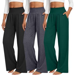 Neer 3 Pack Women's Wide Leg Yoga Pants Comfy Lounge Pants with Pockets Baggy Elastic Waist Joggers Ladies Open Bottom (S)