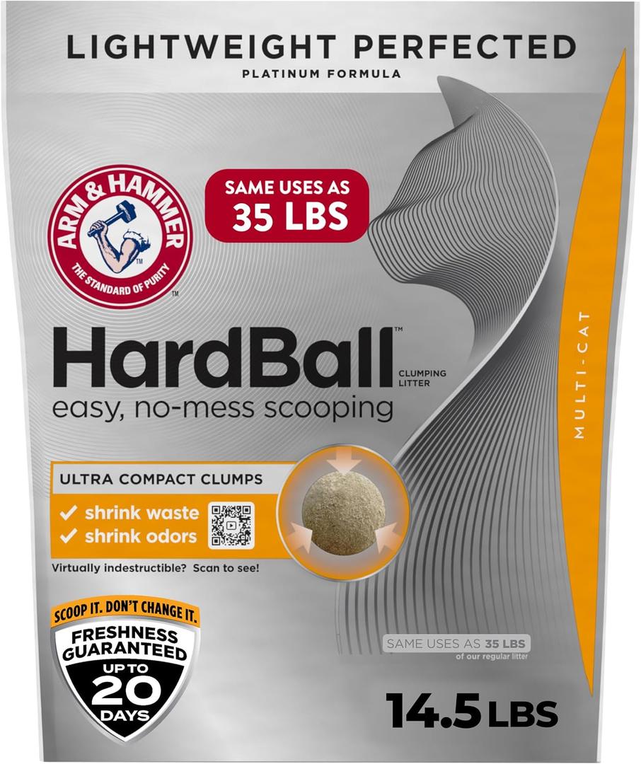 ARM & Hammer Hardball Lightweight Platinum Multi-Cat Clumping Cat Litter Odor Control, Easy No-Mess Scooping, Garden Bloom Scent, 14.5 Lbs.