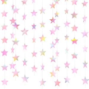 Patelai Glitter Star Garland Banner Decor 130 Feet Star Hanging Bunting Banner Twinkle Backdrop for Homecoming Classroom Wedding Birthday Halloween Christmas Party Supplies (Iridescent Pink)