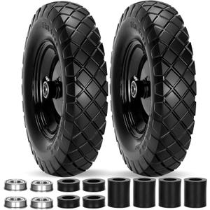 Upgraded 16" Flat Free Wheelbarrow Wheels and Tires, 4.80/4.00-8 Solid Tires with 5/8" & 3/4" Bearings,14"-16" Universal Fit Wheelbarrow Wheels for Wheelbarrows/Garden Trailer