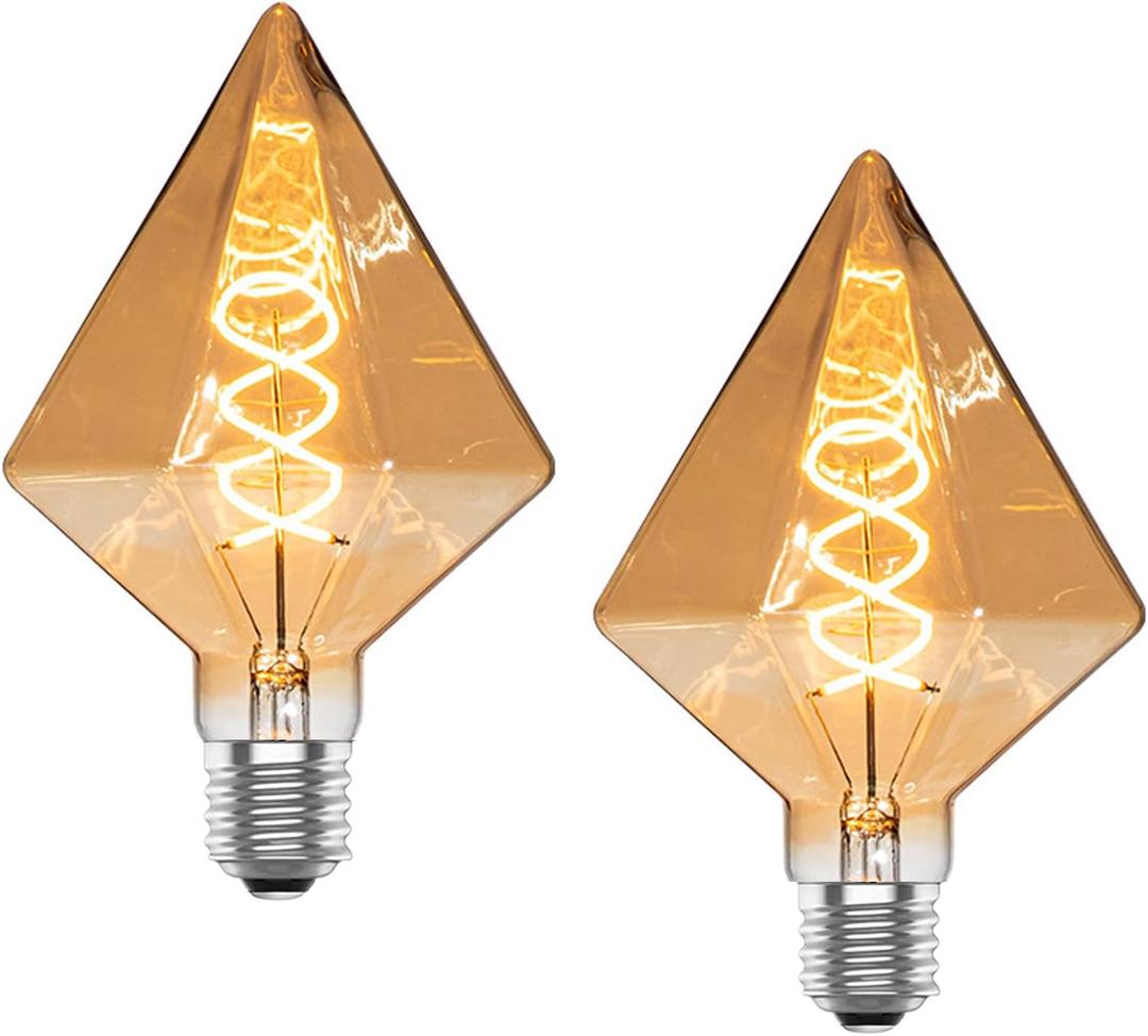 Lxcom Lighting Decorative Edison Bulbs 4W D110 Diamond Shape LED Spiral Filaments Light Bulbs 40W Equivalent E26 Base Amber Glass Finishing Vintage Edison Bulb for Home Kitchen Restaurant, 2 Pack