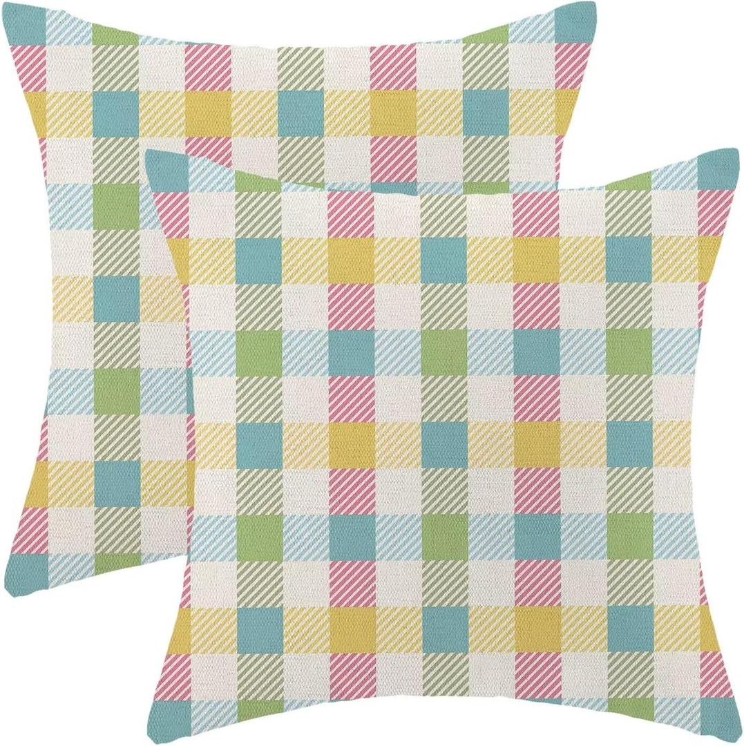 Easter Colourful Pillow Covers 18x18 Inch Set of 2, Colourful Buffalo Plaid Outdoor Decorative Throw Pillowcase Modern Family Cushion Cover for Sofa Couch Farmhouse Living Room Bed Decor