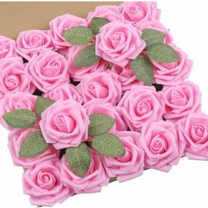 DuHouse 25Pcs Artificial Roses Flowers Fake Roses with Stems Real Touch Foam Flowers for DIY Wedding Bouquet Baby Shower Centerpiece Floral Arrangement Party Home Decor(Pink)