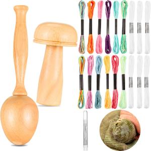Crowye 2 Pcs Darning Supplies Kit Wooden Mushroom Darning Egg for Socks with Large Eye Needles Sewing Threads for Socks Clothes Adults DIY Home Sewing Care(Multicolor)