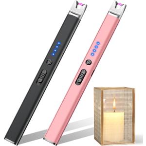 LcFun 2 Pack Candle Lighter Electric USB Rechargeable Plasma Arc Lighter with Safety Lock, Windproof Flameless Long Lighters for Candle, Grill, BBQ, Camping, Gas Stoves (Black, Rose Gold)