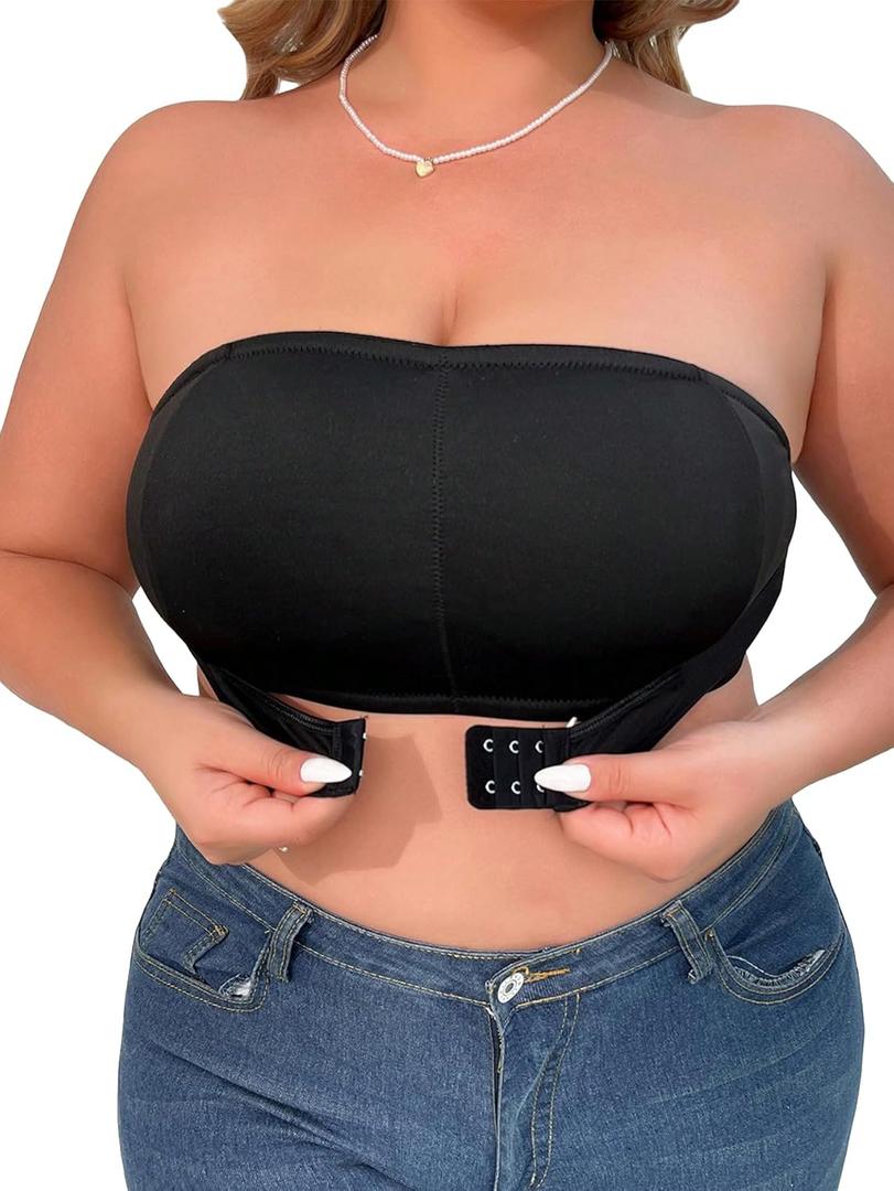 WDIRARA Women's Plus Size Solid Button Front Bandeau Bra Strapless Wireless Bras (X-Large Plus, Black)