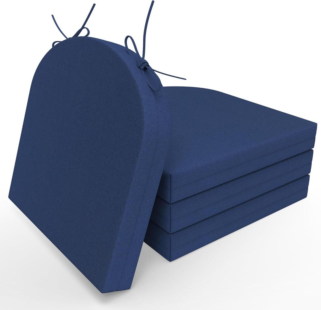 Outdoor Cushions for Patio Furniture Set of 4, 17 x 16 x 2 inch Waterproof Outdoor Chair Seat Cushions, Navy Blue D-Shape with Non-Slip Ties (Round Corner)