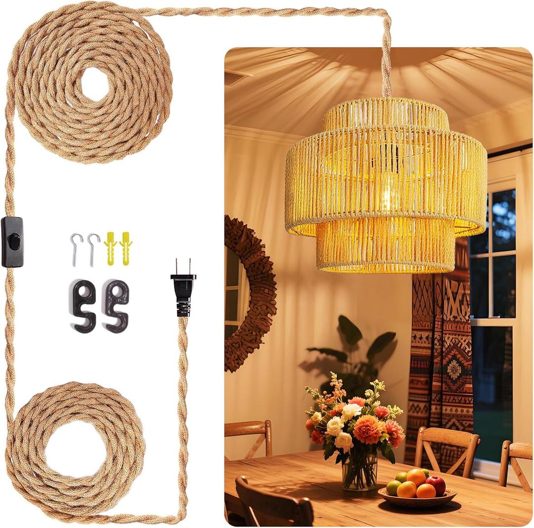 Maliralt Hanging Lamps Rattan Pendant Light - 16.4ft Plug in Cord Hanging Light Fixture Plug Into Wall Outlet Pendant Lighting with On Off Switch for Bedroom Living (Lantern Shade)