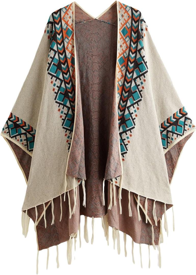 Women's Graphic Fringe Shawl Tassel Ponchos Cape Boho Oversized Western Cardigan Sweater (Beige) One Size