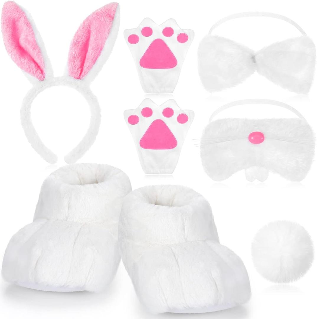 Vicenpal 8 Pieces Easter Rabbit Costume Set Bunny Shoes Headband Nose Tail Bow Tie Gloves Plush Bunny Costume Accessory for Halloween Cosplay, White Pink