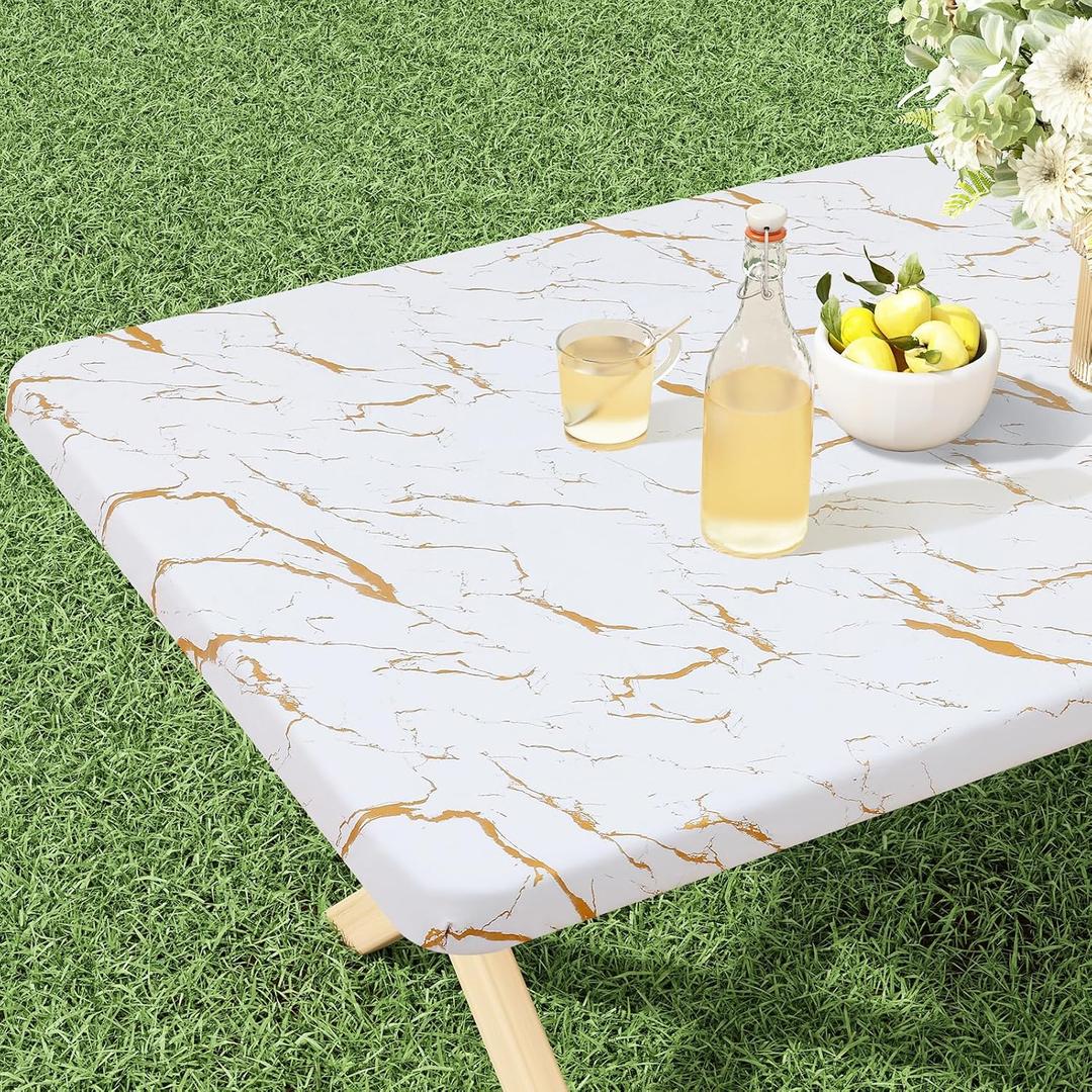 misaya Rectangle Vinyl Flannel Backed Tablecloth, Elastic Waterproof Fitted Table Cover, Plastic Table Cloth Fit 8 Foot Folding Tables for Camping, Picnic, Outdoor (White Gold Marble, 30x96 inch)