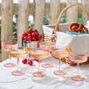 Shatterproof Acrylic Ribbed Vintage Art Deco Martini, Champagne & Cocktail Pink Peach Tint Color Plastic Tritan Coupe Glasses | Set of 6 | 8oz Ripple Glassware Cocktail Indoor & Outdoor European Style