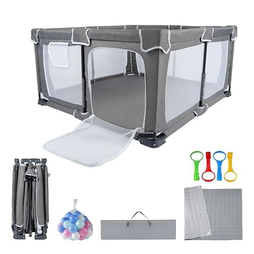Nvlirun Foldable Baby Playpen 6x5Ft，Playpen for Babies and Toddlers with Mat，Foldable playpen with Door，Indoor and Outdoor Baby Fence Play Area (Grey (Cationic Fabric), Foldable 6x5Ft with Mat)