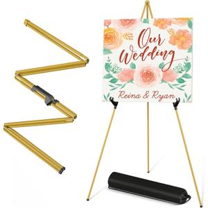 Display Golden Easel Stand - 63" Artist Instant Tripod Collapsible Portable Floor Easel - Adjustable Art Poster Easy Folding Metal Stand for Display Show, Wedding, Painting