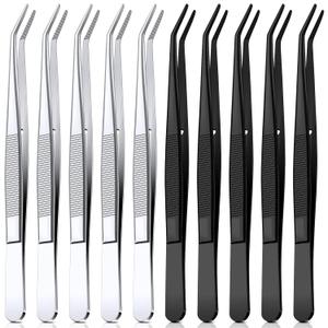 Honoson 10 Pcs Stainless Steel Tweezers for Crafting with Curved Serrated Tip Multipurpose Forceps Sewing Machine Tweezers Bulk (Silver,Black)