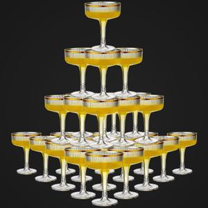 Set of 24 Champagne Tower 7 oz Plastic Champagne Coupe Glasses Set Stackable Plastic Ribbed Martini Glasses Unbreakable Acrylic Cocktail Coupe Cups for Wedding Birthday (Glitter,Gold)