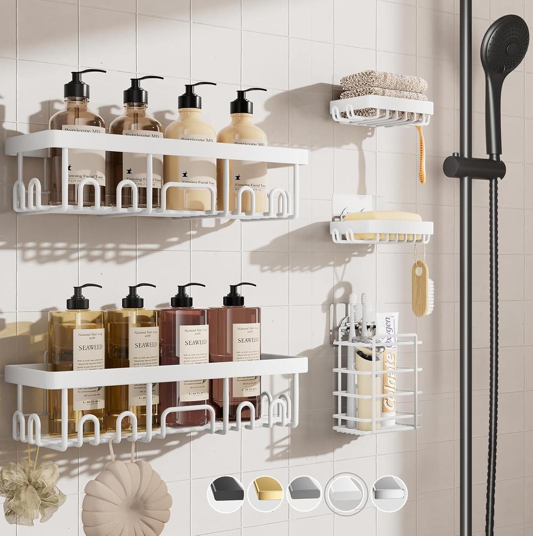 Veken Adhesive Shower Caddy 5-Pack,Heavy Weight Bearing,Large Wall Mounted Shower Shelves Rack,Organizer Storage Accessories with Soap Dish&Toothbrush Holder,Ideal for Bathroom,Home&Kitchen,White (5-Piece Set for Hall Bathroom (Rustproof Upgrade))