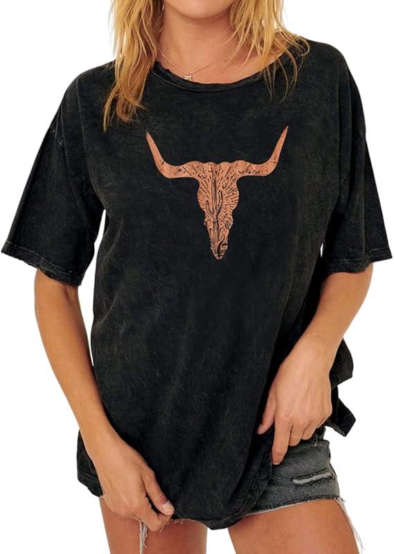 Womens Western Graphic Oversized Tees Cow Shirts Vintage Retro T-Shirts Loose Summer Casual Short Sleeve Tops, XL