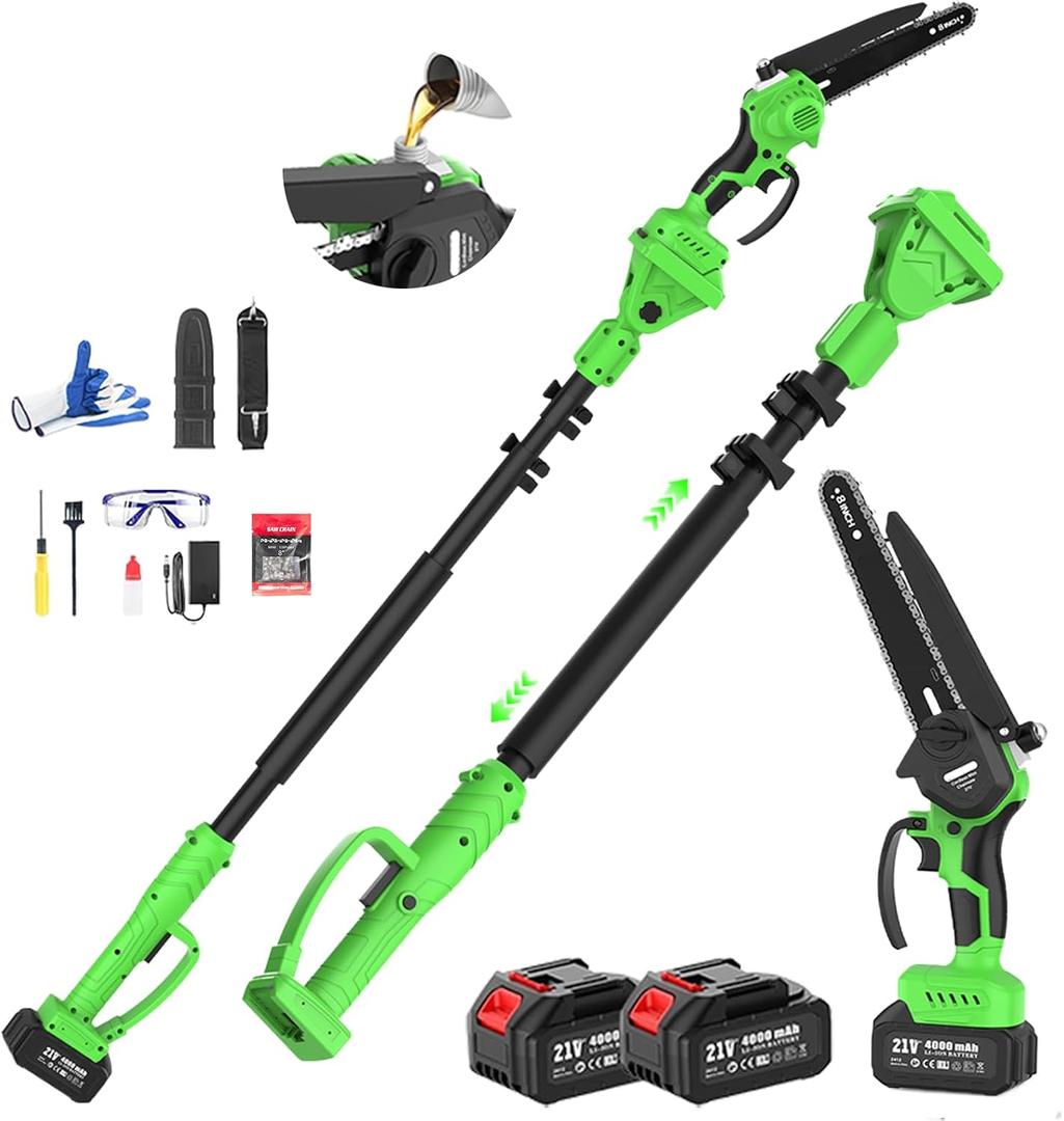 2 in 1 8IN Brushless Cordless Pole Saw & Mini Chainsaw with Extension Pole | Battery Powered Tree Trimmer with Auto Oiler, 24000mAh Batteries for Tree Trimming, Branch Cutting & Yard Maintenance