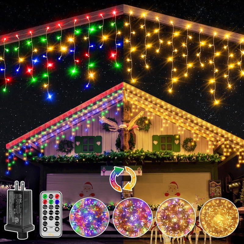 Ollny Icicle Lights for Outside 306LED 25FT, Color Changing Christmas Light with Remote 11 Modes Timers Waterproof, Plug in Connectable Hanging Lights for Outdoor Indoor House Roof Holiday (Warm White to Multicolor)