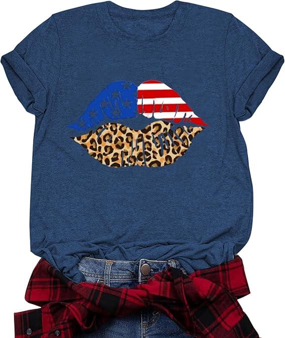 American Flag Shirts for Women 4th of July T-Shirt USA Print Independence Day Patriotic Tops Stars and Stripes Tees S
