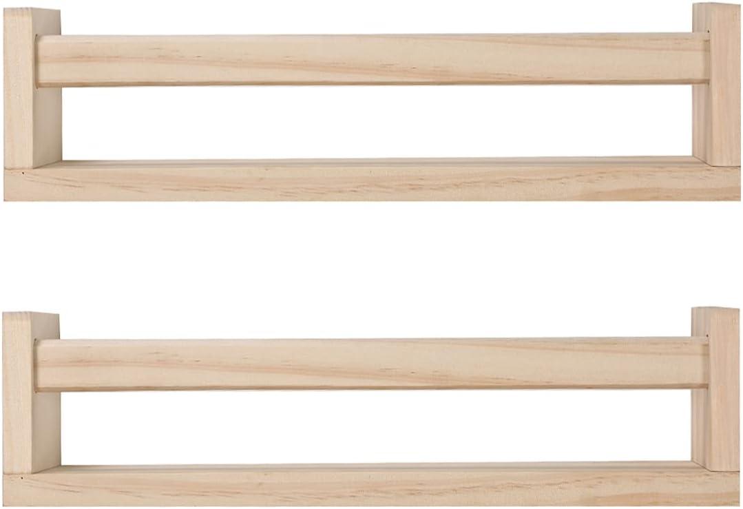 Nursery Book Shelves, Set of 2 Wood Floating Book Shelves for Kids Room, Kitchen Spice Rack, or Rustic Wall Mounted Shelves for Farmhouse Bathroom Dcor (Natural Wood)