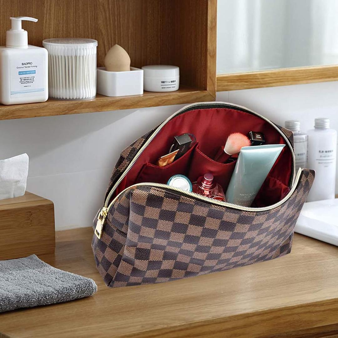 Makeup Bag, Cosmetic Bag, Portable Leather Large Checkered Makeup Bag, 2 Pack Large Capacity Travel Cosmetic Bag for Women, Lightweight Design and Waterproof Toiletries Bag Christmas Gifts
