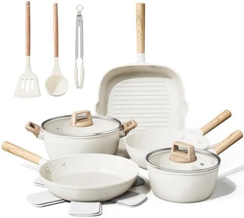 Bazova 14 Pcs Pots and Pans Set Non Stick, Large Capacity Ceramic Cookware Set, Nonstick Kitchen Cookware Sets with Utensils,Healthy and Non Toxic Induction Cookware,PTFE/PFAS/PFOA Free,Cream White