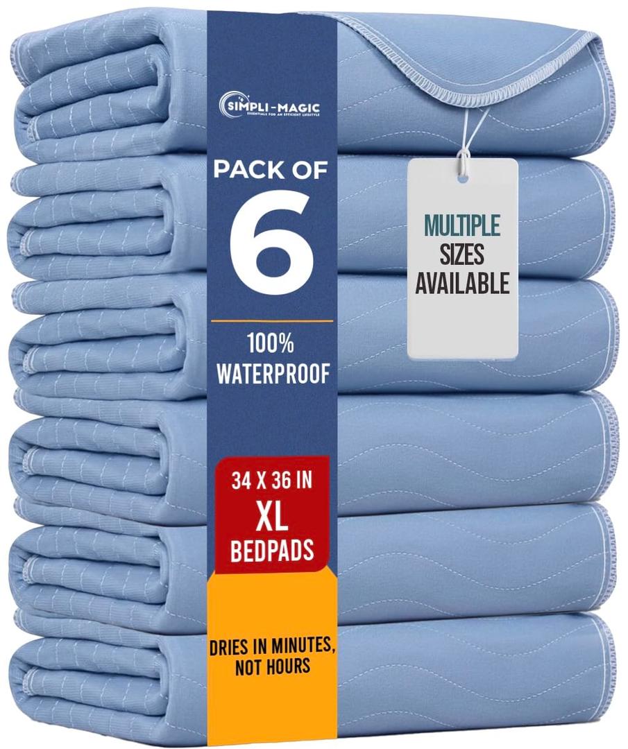 Simpli-Magic Washable Underpads, 34"x36" (Pack of 6) - Heavy Absorbency Reusable Bedwetting Incontinence Pads for Kids,Adults,Elderly,and Pets - Waterproof Protective Pad for Bed,Couch,Sofa,Floor