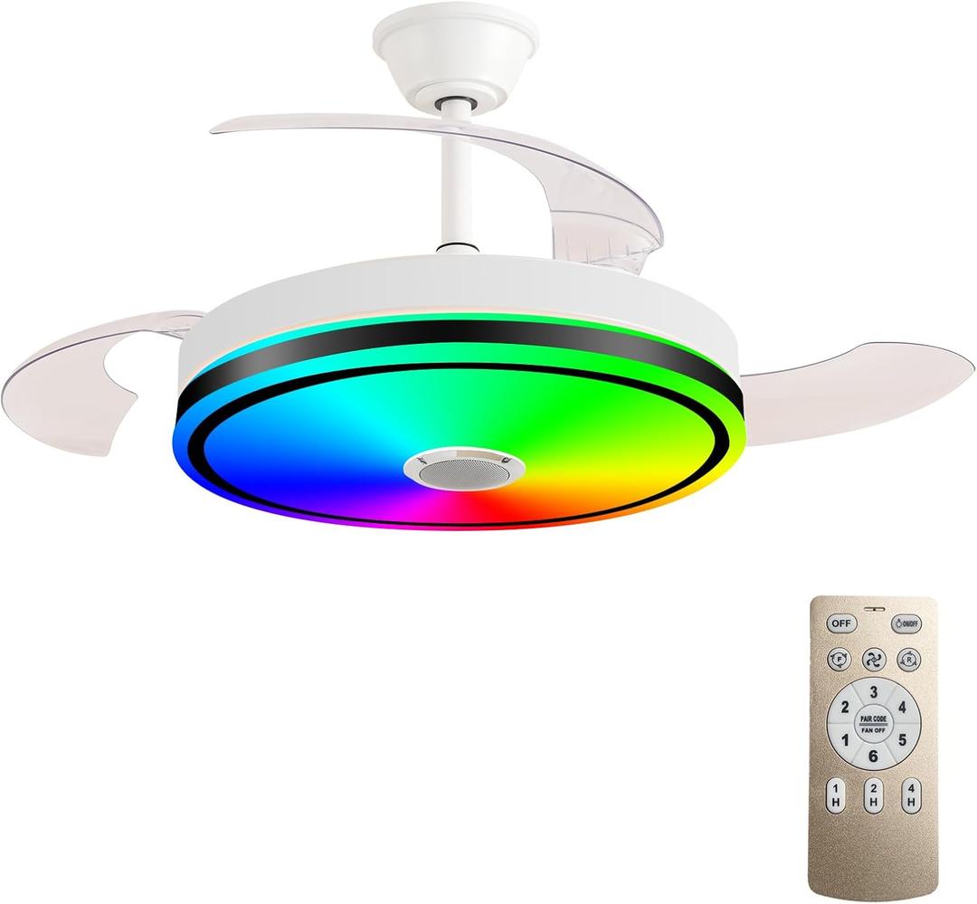 42'' Retractable Hanging Fan with Lights, Smart Fan Light with Bluetooth Speaker, App Control for Dimming & RGB Color Change Reversible Bedroom Living