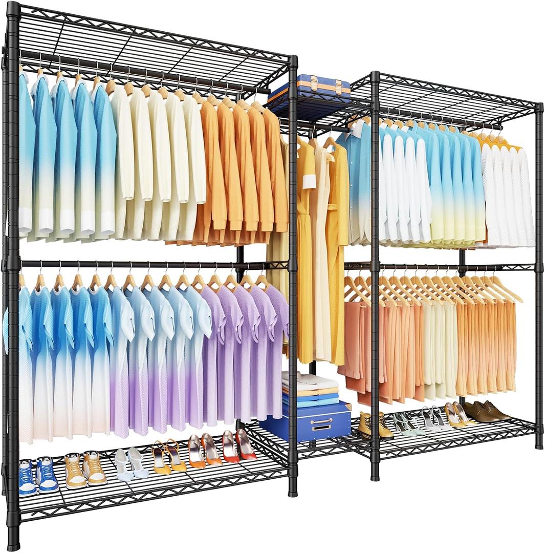 Ulif E12 Max Clothes RackHeavy Duty Freestanding Garment Rack with ShelvesMetal Clothing Closet Storage System for Hanging Clothes83" W x 16" D x 76.5" H, Hold 1060 lbsBlack