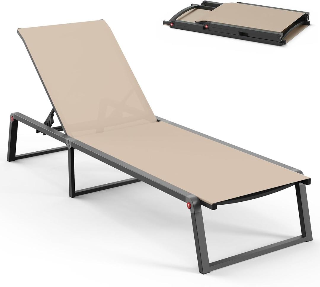 Aluminum Chaise Lounge Chair Outdoor, Foldable& No Assembly Patio Pool Lounge Chairs 5-Position Recliner for Outside, Fully Grounded Legs Sun Lounger for Poolside, Khaki, XS-1 Pack