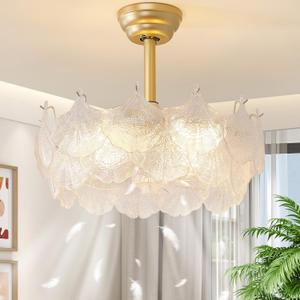 20'' Fandelier Ceiling Fans with Lights, Gold Caged Ceiling Fan with Remote Low Profile, 6 Speed and Gingko Leaf, Modern Semi Flush Mount Ceiling Fan for Bedroom, Living Room, Nursery