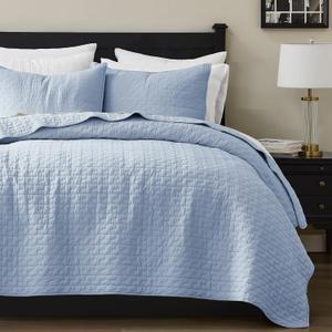 palassio Baby Blue 100% Cotton Quilt King Size Bedding Sets with 2 Pillow Shams, Textured Lightweight Soft Bedspread Shabby Chic Coverlet, Neutral Quilted Comforter Bed Cover for All Season, 3 Pieces (King(106"x96")