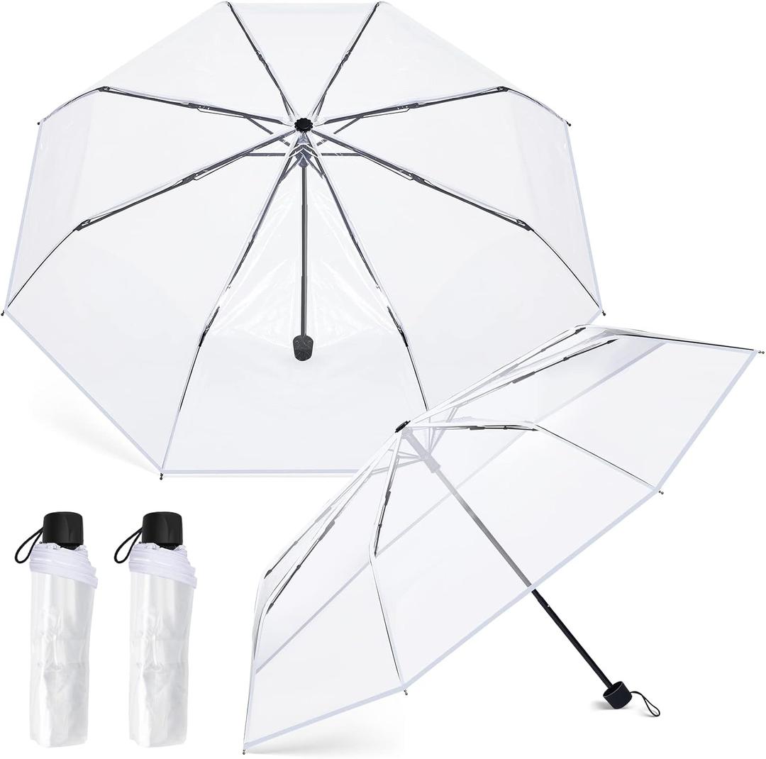 Fabbay 2 Pcs Clear Umbrella Transparent Portable Umbrella Compact Foldable Umbrellas Manual Open Close Folding Umbrellas for Wedding Travel, Dating (White)