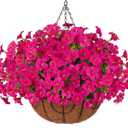 INSPRING Artificial Fake Hanging Flowers Plants Baskets for Outdoors, UV Resistant Outdoor Hanging Faux Silk Petunias in Planter Look Real Morning Glory for Outside Patio Porch Balcony Garden, Fuchsia