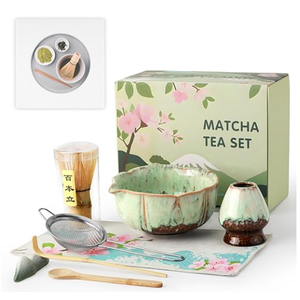VENSEEN Matcha Whisk Set, 8 Pcs Matcha Kit with Bowl and Whisk Holder, Ceramic Japanese Complete Macha Starter Kit for Beginners, Gift for Macha Lovers (Green)