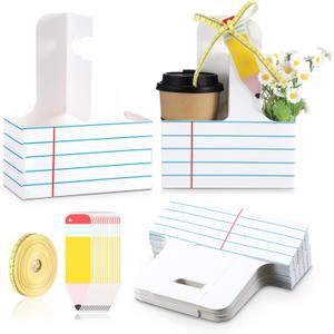 Reallnaive 24 Set Teacher Appreciation Gifts 2 Cup Drink Carrier with Greeting Card Ribbon Disposable Cup Holders with Handle for Back to School End of Year Party Favors (White,Stripe)