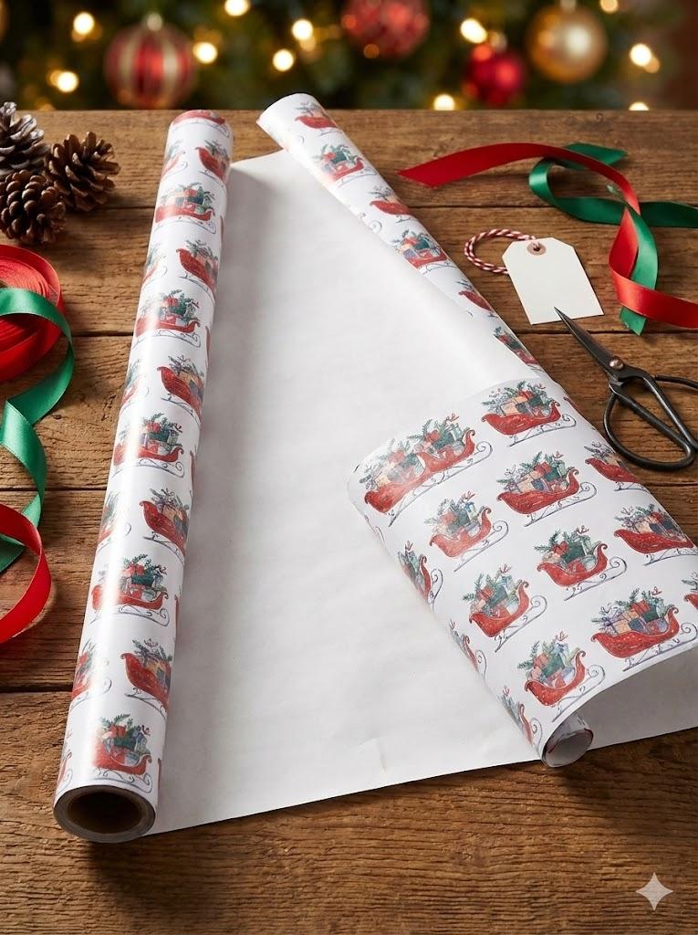 LaRibbons Christmas Wrapping Paper Jumbo Roll with Red Pom Pom, Classic Sled Design Gift Wrap Set for Christmas, Holiday, Party Celebration, 30 Inch X 40 Feet (100 sq. ft. ttl.)